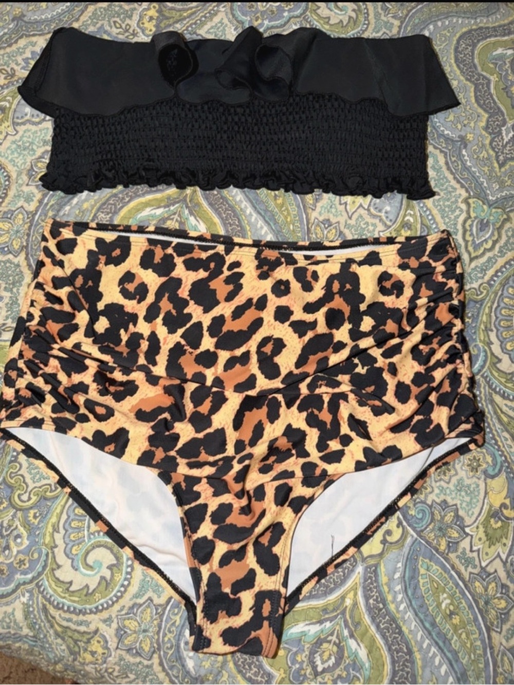 Smocked Black Bandeau Top with Leopard High-Waist Bikini Bottoms - Black & Brown
